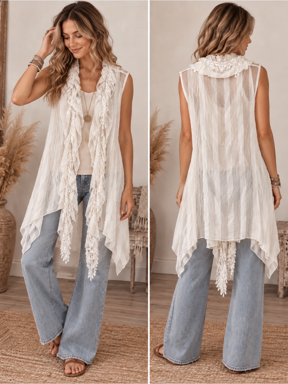 Pretty Angel Silk Blend Sheer Lace Ruffle Long Vest Boho Romantic Cottagecore
